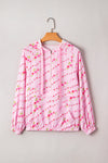 Pink Floral Print Half Zip Drawstring Hoodie Kangaroo Pouch
