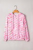 Pink Floral Print Half Zip Drawstring Hoodie Kangaroo Pouch