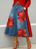 Women's Floral Print A-Line Midi Skirt – Denim-Style Boho Skirt by FitiqueFit