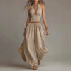 Women's Sleeveless Backless Halter Top & Wide-Leg Pants Set by FitiqueFit