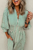 Green Striped V Neck Zip Front Midi Dress Cinched Waist