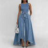 Women’s Crew Neck Sleeveless Wide-Leg Denim Jumpsuit by FitiqueFit