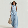Women's Stand Collar Sleeveless Top & High-Waist Wide-Leg Pants Set by FitiqueFit