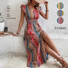 Women's Boho Geometric Print Puff Sleeve A-Line Maxi Dress – 3 Colors S–XL by FitiqueFit