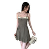 Sling Waist-tight Commuter Stitching Pleated A- Line Dress
