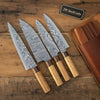 4-Piece Damascus Outdoor Camp Chef Knife Set with Wood Grain Damascus Blades and Olive Wood and Rosewood Handles by JW SteelCrafts