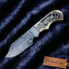 Handmade Damascus Drop Point Hunting Knife with Engraved Bone Handle and Leather Sheath by JW SteelCrafts