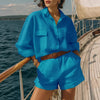 Cotton-Linen Loose-Fit Button-Down Shirt and Shorts Casual Set by FitiqueFit