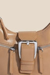 Fame Large Buckle Triple Zipper Leather Handbag Tan