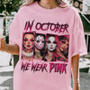 "In October We Wear Pink" Horror Halloween Breast Cancer Shirt – Support Squad Tee, Cancer Survivor Apparel by Dog Mom Hat