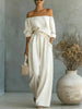 Women's Off-Shoulder Long-Sleeve Top & Wide-Leg Pants Two-Piece Set by FitiqueFit