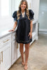 Black Leopard Trim Notched Neck Short Puff Sleeve Shift Mini Dress by Wild and Free Boutique