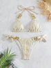 Bikini Ruched Texture Golden Chain 2 Piece Triangle Swimsuit for Women – Striped Halter Bikini Set with Bow Tie Side and Elegant Ring Link Detail – Stretchy Beachwear for Pool Bathing and Summer Vacations by Stevvex