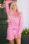 Gray Printed Leopard Long Sleeve Satin Tie Shorts Two Piece Set