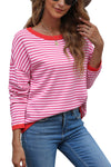 Pink Contrast Trimmed Striped Drop Shoulder Sweater