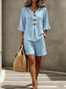 Women's Buttoned V-Neck Ruffle-Trim Top & Shorts Two-Piece Set by FitiqueFit
