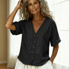 Women's Loose-Fit Faux Linen Embroidered Button-Up Top by FitiqueFit
