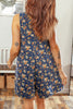 Blue Retro Floral Print Bow Tie V Neck Sleeveless Pleated Loose Denim Romper by Wild and Free Boutique