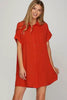 Deep Red Full Size Button-Down Short Sleeve Shirt Dress Plus Size Casual Women Simple Home Dress by Stevvex