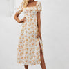 Square Neck Floral Print Dress With Puff Sleeves & Side Slit Maxi Dress by FitiqueFit