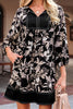 Black 3/4 Sleeve Botanical Print Split Neck Loose Mini Dress by Wild and Free Boutique