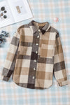 Khaki Plaid Color Block Shacket With Buttoned Pockets