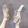 Women's Korean Style Rhinestone Single Strap Slide Sandals – Mid Chunky Heel by FitiqueFit