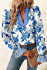 Sky Blue Floral Print Striped Patchwork Long Flounce Sleeve Ricrac Trim V Neck Blouse by Wild and Free Boutique