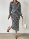 Printed Tie Waist Long Sleeve Midi Shirt Dress