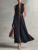 Women's Color Block Sleeveless Stand Collar Linen Blend Dress
