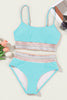 Sky Blue Striped Patchwork Spaghetti Strap High Waist Bikini Swimsuit