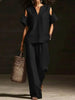 V-Neck Short Sleeve Top & Straight-Leg Pants Set – Ripped Detail, Pockets, Solid Color by FitiqueFit