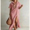 Women's Striped Slit Maxi Dress – V-Neck Short Sleeve by FitiqueFit