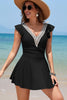 Black Ruffled Short Sleeve Lace Trim V Neck One Piece Swim Dress by Wild and Free Boutique