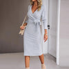 Elegant Style V-neck Solid Color Bandage Regular Sleeve Mid Dresses Light Gray by FitiqueFit