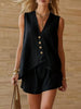 Women's Cotton-Linen V-Neck Button Sleeveless Top & Shorts Set by FitiqueFit