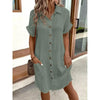 Women's Cotton Linen Shirt Dress – V-Neck Button-Front A-Line Dress by FitiqueFit