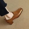 Women's Retro Cowhide Square Toe Chunky Heel Slip-On Pumps by FitiqueFit