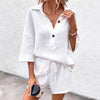 Women's Notch-Lapel Short-Sleeve Top & Belted Shorts Two-Piece Set by FitiqueFit
