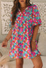 Sky Blue Floral Print Tie Split Neck Bubble Sleeve Babydoll Dress