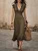 Women's V-Neck Cotton-Linen Flutter-Sleeve Ruffle-Trim Midi Dress by FitiqueFit