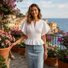 Women's Ruffle-Trim Puff-Sleeve Blouse Top – Slim-Fit Elegant by FitiqueFit