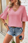 Beau Blue Ruffled Short Sleeve V Neck Textured Blouse