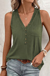 Black Half Button V Neck Patched Pocket Tank Top