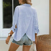Women’s Striped V‑Neck Blouse with Ruffled Cuffs & Tie‑Back Slit by FitiqueFit