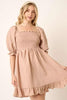 Smocked Ruffled Hem Half Sleeve Mini Dress, Cute, Elegant, Charming and Comfortable Mini Dress with Smocked Bodice and Whimsical Ruffled Hem by Stevvex