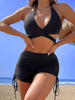Coastal Curve Halter Bikini Set for Women – V-Neck Crisscross Drawstring Swimsuit with Chic Ring Detail & High-Waisted Boxer Shorts for Summer – Sleek Two-Piece Nylon Swimwear for Women’s Beach & Poolside Style by Stevvex