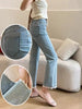 Light Blue Micro-Flare Lace Stretch Jeans for Women by FitiqueFit