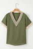 Green Lace Trim V Neck Short Sleeve Blouse by Wild and Free Boutique