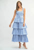 Pin Stripe Smocked Bodice Layered Midi Dress – Smocked Bodice Dress, Fluttering Pinstripe Midi Dress, Layered Midi Dress, Trendy Midi Dress, Flattering Pinstripe Dress by Stevvex